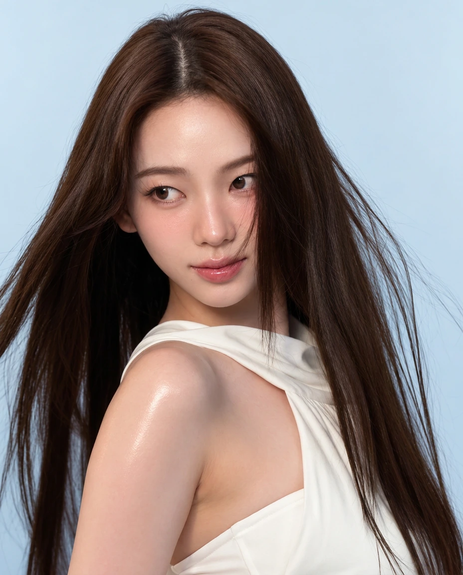 옅은 하늘색 배경에서 왼쪽을 바라보는 긴 머리 여성 · AI 생성 시안